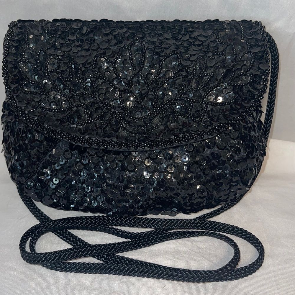 Vintage La Regale Black Sequin Beaded Evening Bag